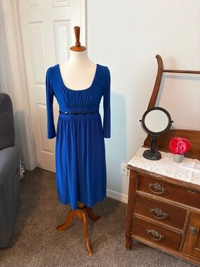 Blu Sage Royal Blue Scoop-Neck Midi Dress with Waist Detail